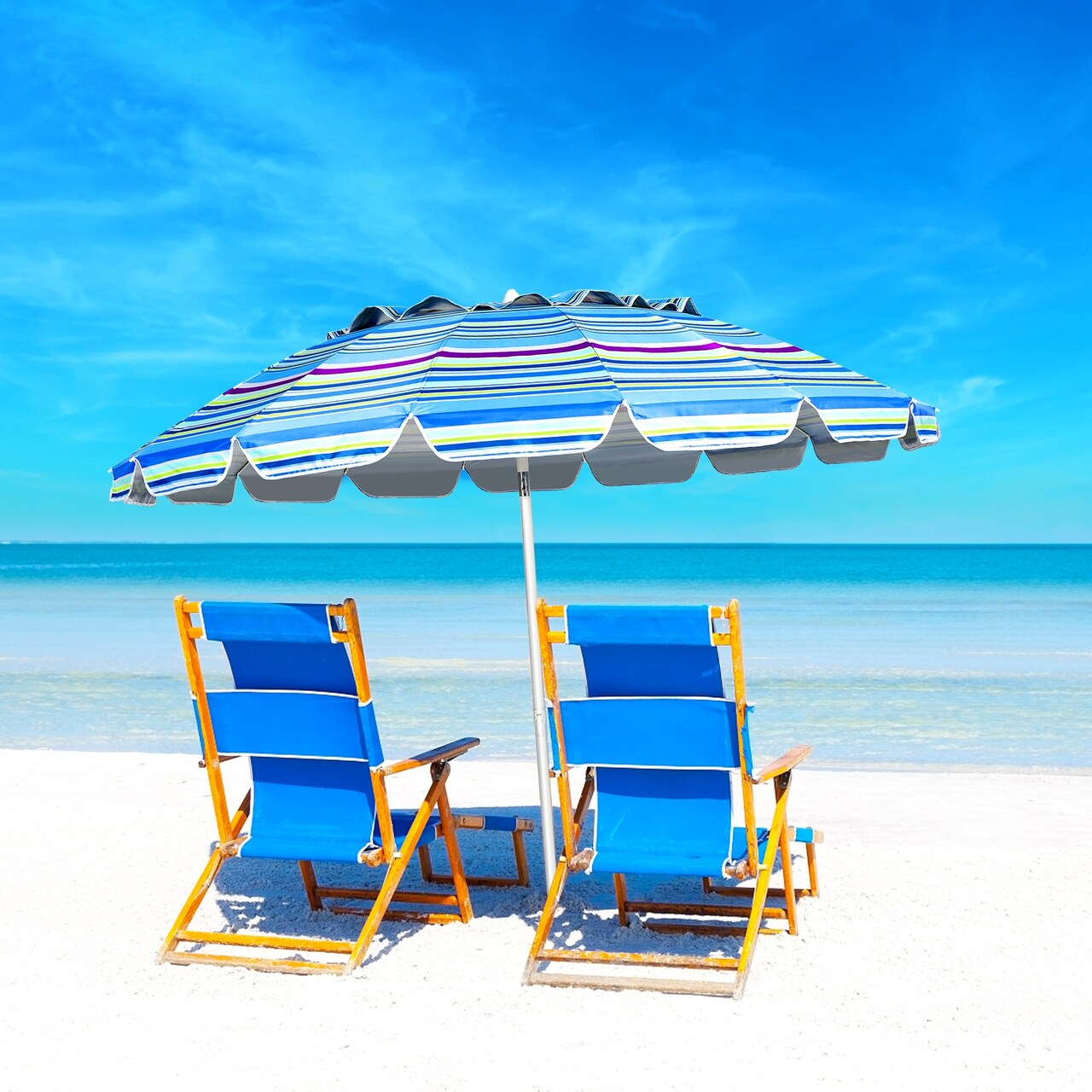 8FT Portable Beach Umbrella with Sand Anchor and Tilt Mechanism for Garden and Patio